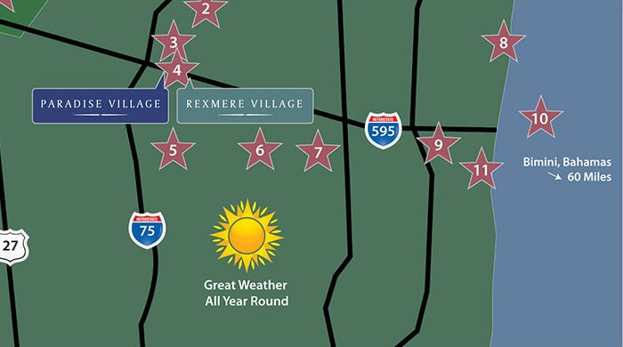 Location map of Rexmere Village and Paradise Village, near Fort Lauderdale beaches.