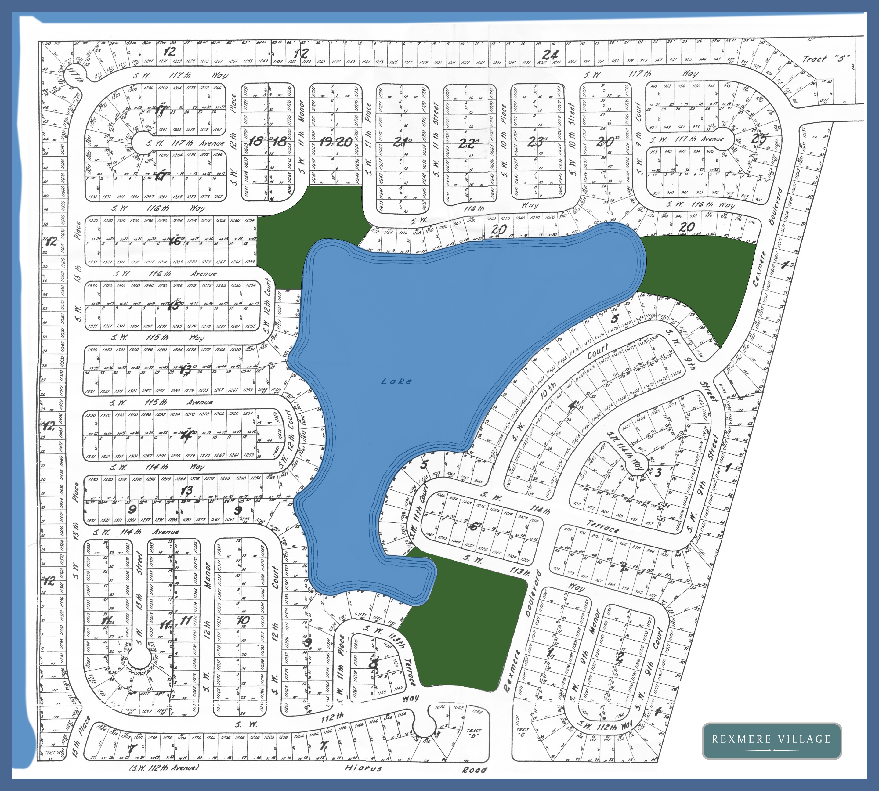 A full size color coded map of Rexmere Village. Red lots are “Super-Premium?. Coral
colored lots are “Premium/resort?. Yellow lots are “Transitioning to resort?.