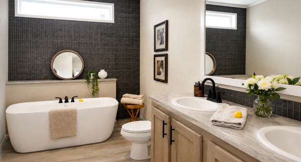Spa-inspired primary bathroom with freestanding soaking tub, designer tile accent wall, and dual-sink vanity.